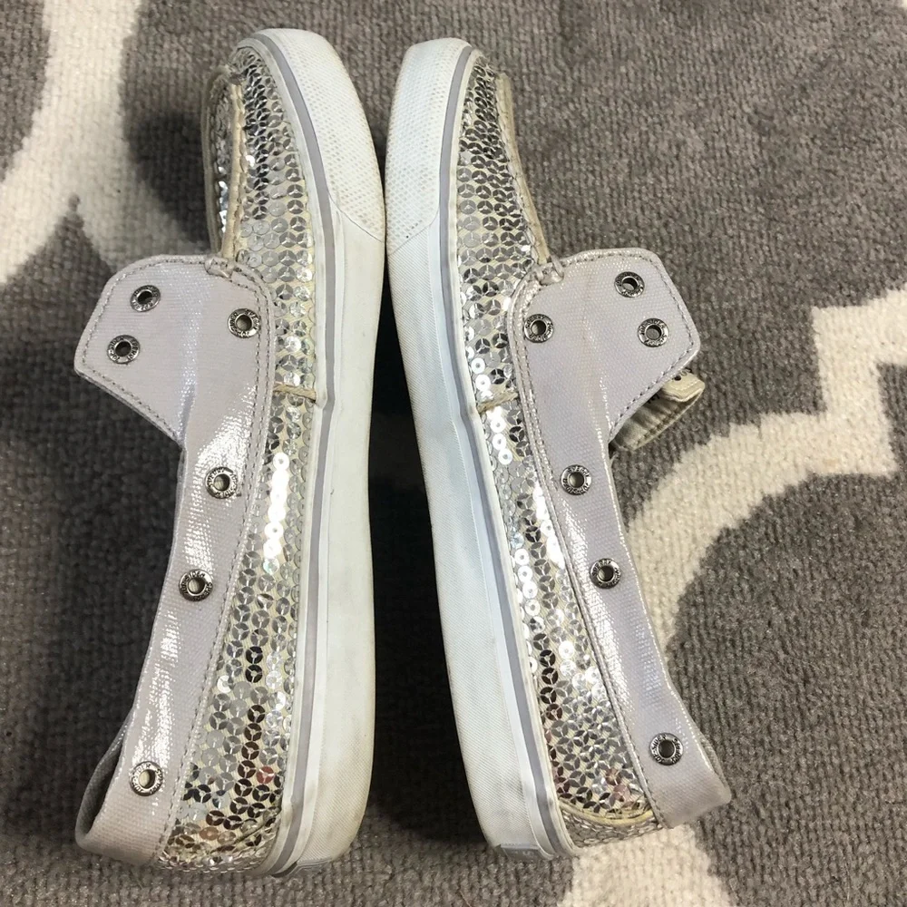 Sperry Loafers Womens 8.5 Topsider Silver Sequin Lace Up Shoes